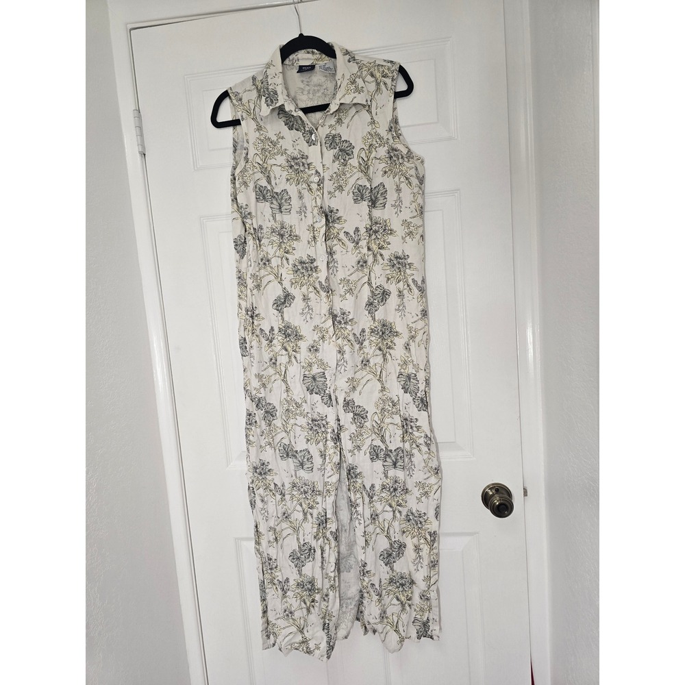 Hunt Club Vintage 100% Linen Floral Maxi Dress Sleeveless Cream Grey 14  stained